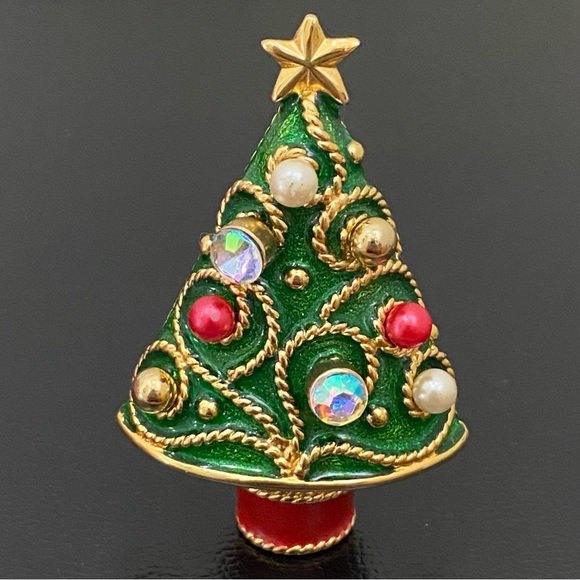 Vintage Unsigned Enamel Christmas Tree w/ 4pairs Of Earrings Holder Brooch Set - Picture 2 of 13